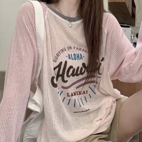 ロンT 配色 オーバーサイズ トップス レタープリント クルーネック Tシャツ 長袖 レトロ 韓国ファッション レディース 大人可愛い ガーリー カジュアル DTC-765985681515