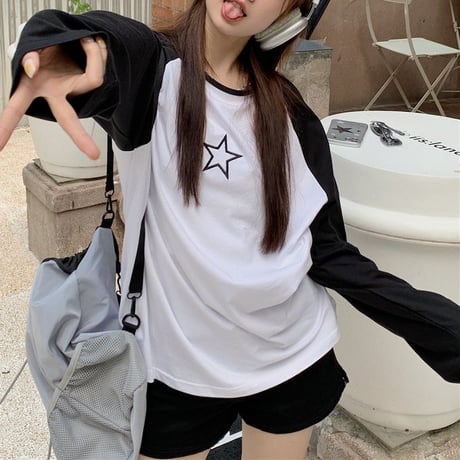 tシャツ バイカラー ラグランスリーブ スター 星 オーバーサイズ トップス ロンT 長袖 ゆったり 体型カバー カジュアル レトロ 韓国ファッション レディース DTCA-778096918717