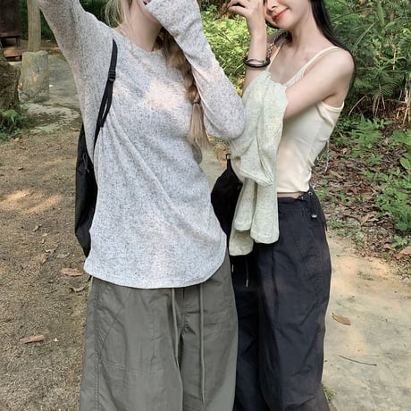 シアートップス パラシュートパンツ シアーTシャツ トップス ワイドパンツ ドローコード 長袖 セットアップ 韓国ファッション レディース 大人可愛い ガーリー DTC-768485999145