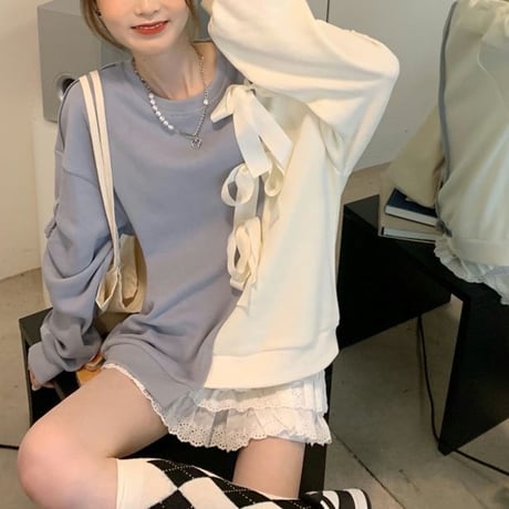 バイカラー リボン トレーナー トップス クルーネック ゆったり 不規則デザイン 長袖 レトロ 韓国ファッション レディース 大人可愛い ガーリー フェミニン DTC-655495373963