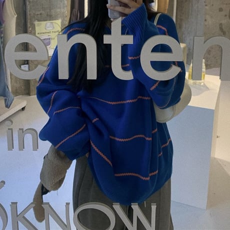 ボーダー ニットセーター プルオーバー クルーネック 厚手 長袖 ルーズ ゆったり レトロ 韓国ファッション レディース  大人可愛い ガーリー カジュアル DTC-658401914498