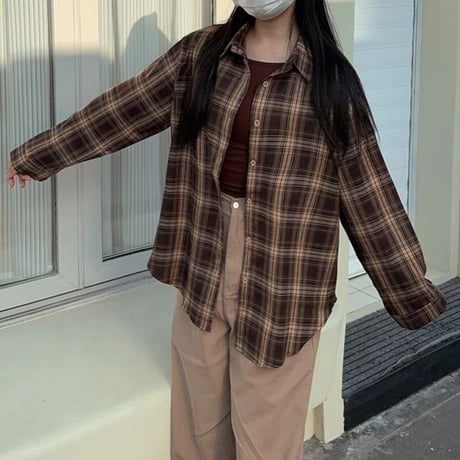 チェックシャツ トップス オーバーサイズ チェック柄 シャツ ルーズ ゆったり 長袖 レトロ 大人可愛い ガーリー カジュアル ストリート女子 DTCA-712741662053