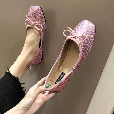パンプス リボン キラキラ フラット スパンコール 韓国ファッション レディース フラットパンプス フラットシューズ ぺたんこ キュート 痛くない かわいい 歩きやすい 589189010792
