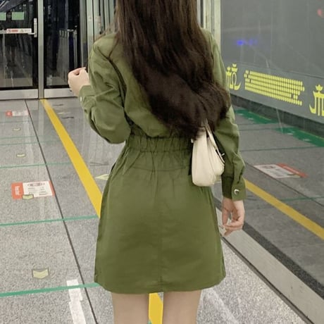 ミリタリー風 シャツワンピース ハイウエスト ポケット 長袖 ワンピース レトロ 韓国ファッション レディース 大人可愛い ガーリー カジュアル DTC-680373706455
