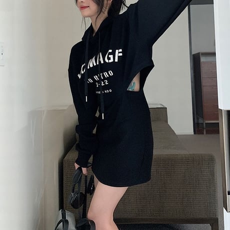 フード付きワンピース 薄手 フェイクレイヤード ウエストカット ミニワンピース ハイウエスト 長袖 レトロ 韓国ファッション 大人可愛い ガーリー カジュアル DTC-682842841895