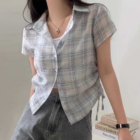チェック柄シャツ サイドシャーリング トップス ショート丈 ドローストリング ドロスト チェックシャツ 半袖 レトロ 大人可愛い ガーリー カジュアル トレンド DTCA-925867914003