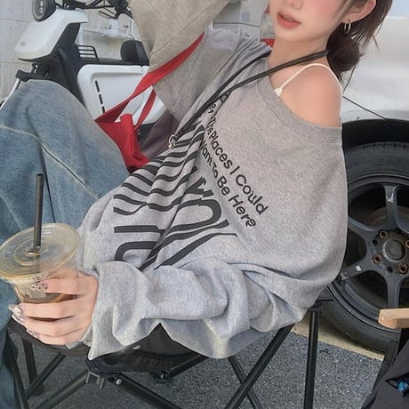 2WAY 前後着用 トップス ロンT ワンショルダー オフショルダー tシャツ スウェット アシンメトリー オーバーサイズ ゆったり レトロ 長袖 カジュアル DTCA-837273595763
