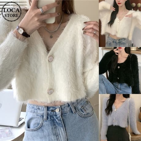 クロップド丈 ニットカーディガン シングルブレスト シャギー風 Vネック 薄手 長袖 ショート丈 レトロ 韓国ファッション レディース 大人可愛い ガーリー DTC-628749209744