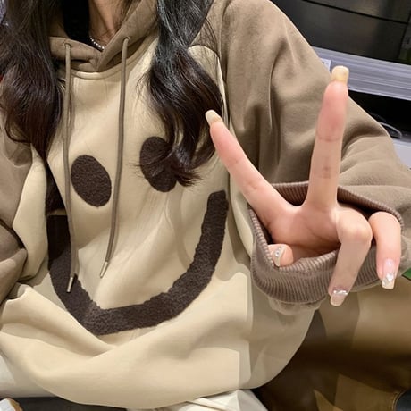 パーカー 裏起毛 プルオーバー オーバーサイズ バイカラー スマイリー ニコちゃん 厚手 ルーズ 韓国ファッション レディース 大人可愛い ガーリー カジュアル DTC-688346725495