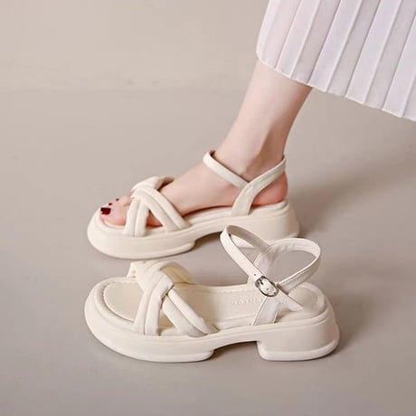 クロスストラップ 厚底 サンダル 22.5～25.0cm 太ヒール 厚底ソール アンクルストラップ 美脚 キュート かわいい 歩きやすい おしゃれ DTCA-777519824673