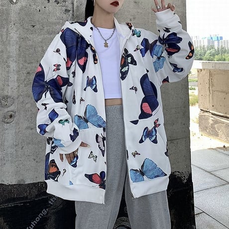 ユニセックス パーカー バタフライ 蝶 ジップアップ 長袖 オーバーサイズ 韓国ファッション メンズ レディース カジュアル ストリートファッション DTC-655102727322
