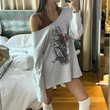 フェイクレイヤード ロンT オフショルダー オーバーサイズ フェイクツーピース tシャツ トップス 長袖 ルーズ レトロ 大人可愛い ガーリー カジュアル DTCA-909121064789