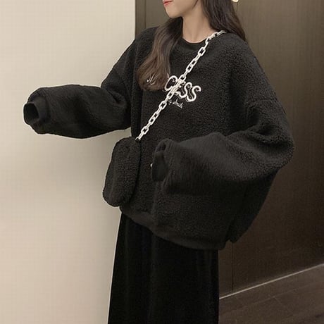ミニポーチ付き ボアトレーナー ロゴ もこもこ トレーナー ボア 暖かい 長袖 ゆったり レトロ 韓国ファッション レディース 大人可愛い ガーリー カジュアル DTC-657350232511
