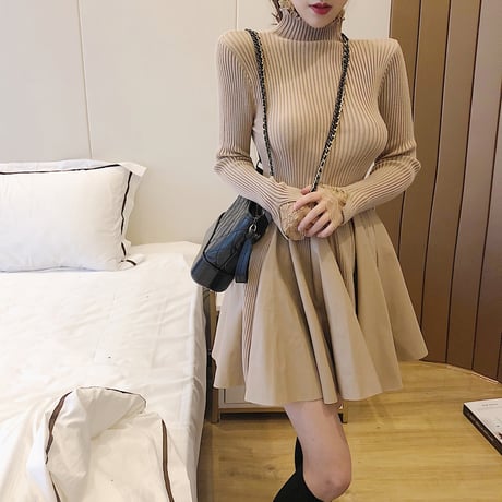 ハイネック ニットワンピース 韓国ファッション レディース タートルネック レース ウエストゴム ニット 長袖 セクシー タイト ガーリー (DCT-604931709813)