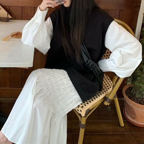 フェイクレイヤード ワンピース フェイクツーピース 切り替え ロングワンピース  Aライン ルーズ 長袖 レトロ 韓国ファッション レディース 大人可愛い ガーリー DTC-881028692653