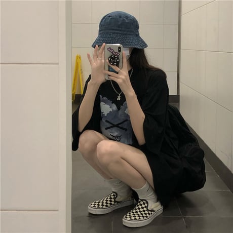 Tシャツ 半袖 ラウンドネック プリント ドロップショルダー 大きめ オーバーサイズ 韓国ファッション レディース カジュアル ストリートファッション DTC-644950773167