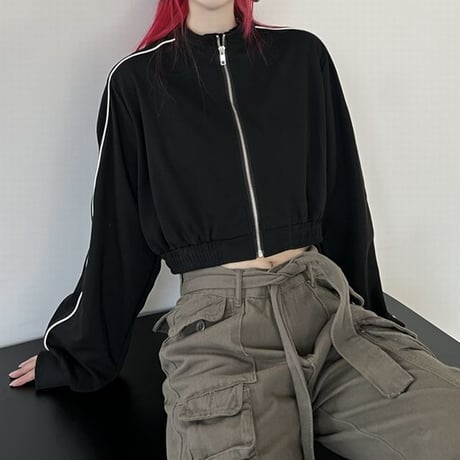 サイドライン ショート丈 ジャケット ジップアップ ルーズ 長袖 大人カジュアル ガーリー カジュアル 韓国ファッション レディース 韓国ストリートファッション DTC-680734456299