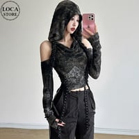 フーディー オフショルダー カットオフ ベルトデザイン ダメージ加工 クロップド丈 薄手 パーカー ロンT トップス カットソー スリムフィット 長袖 レトロ DTCA-801500742147