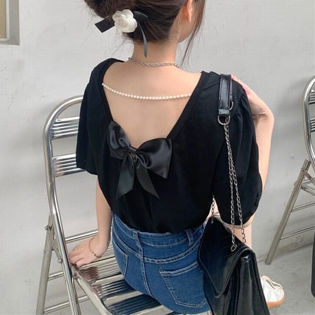 バックリボン Tシャツ 背中魅せ バックデザイン イミテーションパール 半袖 韓国ファッション レディース トップス リボン 肌魅せ 薄手 大人可愛い ガーリー DTC-641465921361