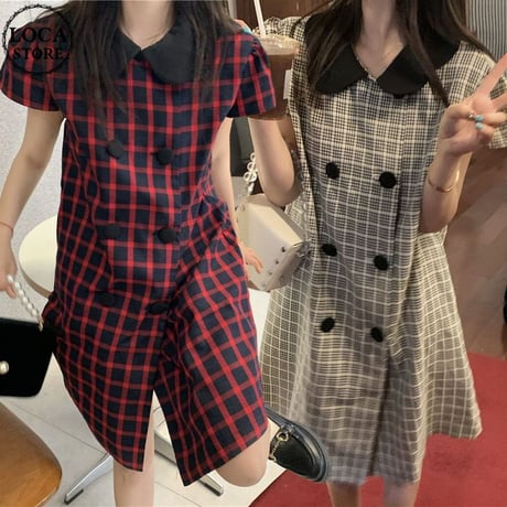 【2カラー】 チェック柄 ワンピース ダブルボタン 襟付き ミニワンピース 半袖 ルーズウエスト レトロ 韓国ファッション レディース 大人可愛い ガーリー DTC-674520833306