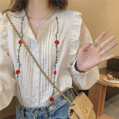 花柄 刺繍 ブラウス フリル パフスリーブ 刺繍ブラウス シャツ ピンタック トップス ルーズ 長袖 レトロ 大人可愛い ガーリー フェミニン DTCA-668564790963
