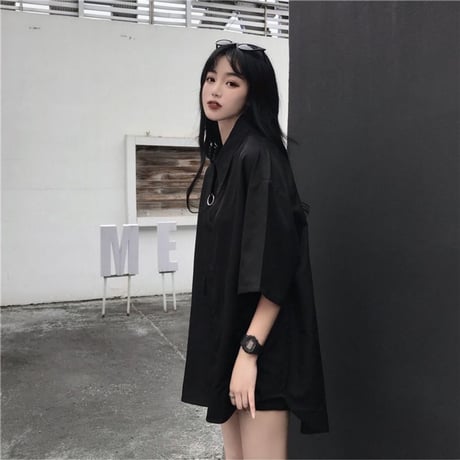 シャツ ブラウス 半袖 ベルト付き ミニバッグ付き 韓国ファッション レディース 黒 ブラック ポシェット チュニック DTC-594419657503