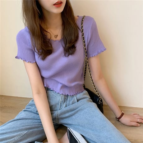 ウェーブヘム リブニット サマーニット Tシャツ 半袖 ラウンドネック トップス 韓国ファッション レディース カットソー シンプル 大人可愛い ガーリー DTC-639423318201