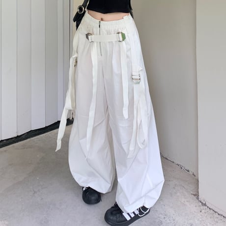 パラシュートパンツ ストラップ ワイドパンツ ストレート パンツ ボトムス ルーズ ハイウエスト レトロ 韓国ファッション レディース 大人可愛い ガーリー DTC-774308250519