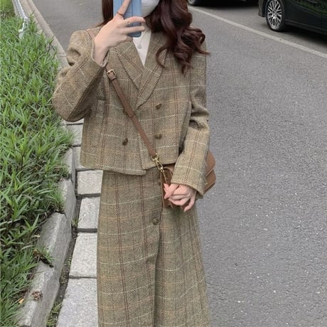 セットアップ ウール チェック柄 ショートジャケット ロングスカート ハイウエス レトロ 韓国ファッション レディース 大人可愛い ガーリー DTC-659492554129