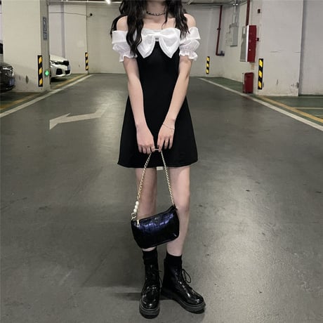 ワンピース ショルダーストラップ リボン オフショルダー バイカラー パフ袖 半袖 韓国ファッション レディース  オフショル ガーリー 大人可愛いDTC-641415946292)