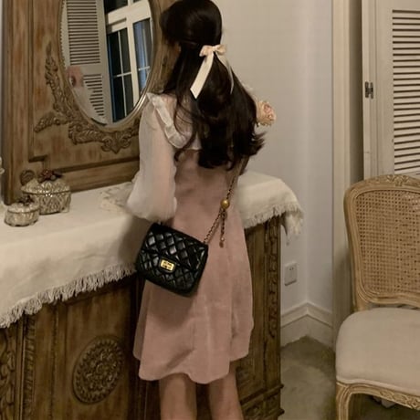フリル ワンピース ボウタイ リボン 長袖 パフスリーブ ハイウエスト 韓国ファッション レディース かわいい ガーリー DTC-633952755941