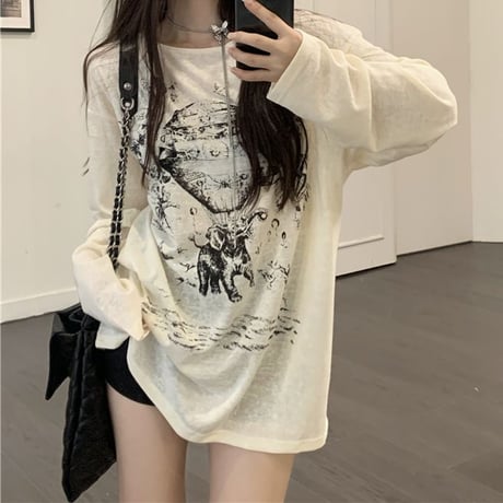 tシャツ 長袖 オーバーサイズ ドロップショルダー ロンt クルーネック トップス ルーズ レトロ 韓国ファッション レディース 大人可愛い ガーリー DTC-735331608484