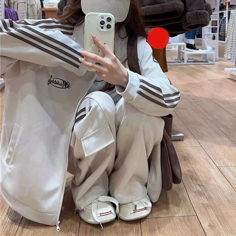 セットアップ 上下セット ジャージ ロゴ サイドライン トップス ワイドパンツ カーゴパンツ ドロスト ジップアップ 長袖 ルーズ レトロ カジュアル DTCA-829056711681