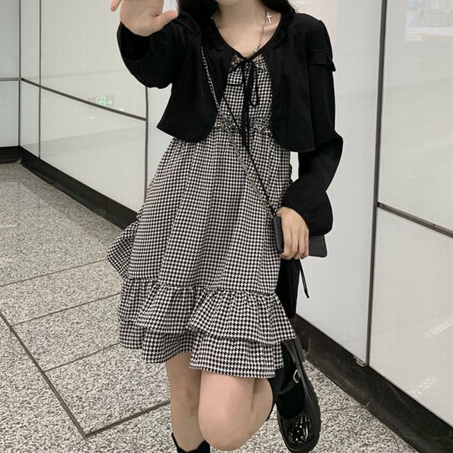 セットアップ ボレロ キャミワンピース 千鳥格子柄 チェック柄 セットアップ ボレロ キャミワンピース 千鳥格子柄 チェック柄