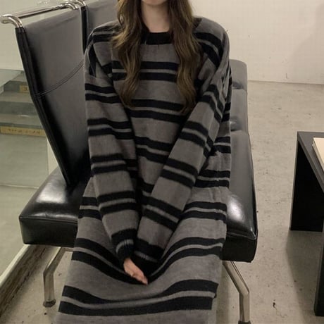 ボーダー柄 ニットワンピース クルーネック ロング丈 ニット ランダムボーダー 長袖 ゆったり 韓国ファッション レディース カジュアル 大人可愛い ガーリー DTC-662845743364