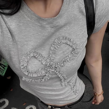 立体リボン Tシャツ リボンコード フリル タイト スリムフィット ショート丈 クルーネック 半袖 レトロ 大人可愛い ガーリー カジュアル DTCA-802763810438