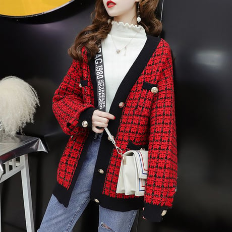 チェック柄 カーディガン Vネック ジャケット ニット シングルブレスト ボタン 韓国ファッション レディース アウター 体型カバー 大人可愛い ガーリー DTC-626773309329