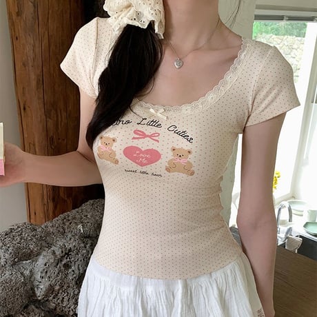 tシャツ ドット柄 クマちゃん リボン レース トップス Uネック スリムフィット スリムtシャツ 半袖 レトロ 大人可愛い ガーリー カジュアル DTCA-811944873611