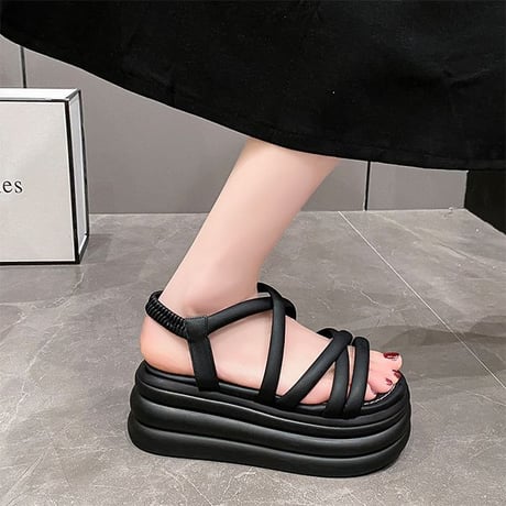 厚底サンダル クロスストラップ 22.0～24.5cm アンクルストラップ サンダル オープントゥ プラットフォーム 厚底 美脚効果 韓国ファッション レディース DTCA-771656476930