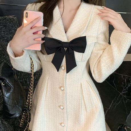 リボン ワンピース 襟付き ハイウエスト ショート丈 レトロ 韓国ファッション レディース 大人可愛い ガーリー フェミニン DTC-667685671429