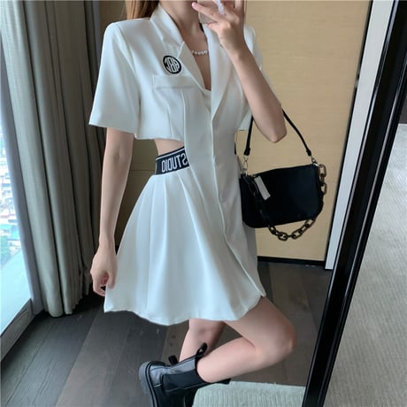ワンピース 背中開き 背中見せ セクシー ハイウエスト 半袖 韓国ファッション レディース シャツワンピース Aライン 無地 シンプル 大人可愛い ガーリー DTC-641249916774