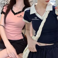 Tシャツ Vネック 袖ライン ポロカラー スリムフィット へそ出し ポロシャツ 半袖 レトロ 韓国ファッション レディース 大人可愛い ガーリー DTCA-959964838030