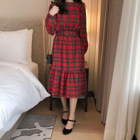 レディース チェック柄 ベルト付き ワンピース 長袖 ロングワンピース ラウンドネック 韓国ファッション オルチャン (DCT-583858540536)