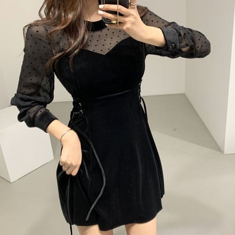 ハート ドット シースルー ワンピース ベルベット 韓国ファッション レディース ラウンドネック ハイウェスト ゆったり 大人可愛い ガーリー DTC-627470204490
