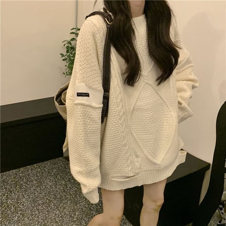 ダメージ加工 ニットセーター ダメージニット ニット ミックス編み ケーブル編み 長袖 レトロ 韓国ファッション レディース 大人可愛い ガーリー カジュアル DTC-665453440583