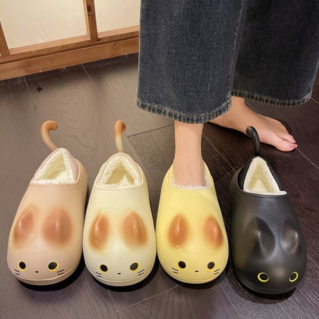 ネコ 尻尾付き スリッパ 23.0～25.0cm インナーボア 猫 ルームシューズ 防寒 EVA もこもこ 軽量 暖かい かわいい 韓国ファッション レディース DTC-740844337006