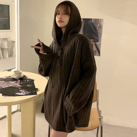 フード付き ニットセーター ハーフボタン ニットパーカー ミディアム丈 ニット ゆったり 長袖 韓国ファッション レディース カジュアル 大人可愛い ガーリー DTC-661225909615