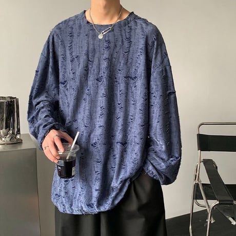 【3カラー】 ユニセックス ダメージ加工 Tシャツ 長袖 オーバーサイズ トップス 韓国ファッション メンズ レディース カジュアル 韓国ストリートファッション DTC-695763372099