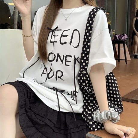 Tシャツ リボン 英字 オーバーサイズ トップス 半袖 スカート ティアードミニスカート フリル レトロ 韓国ファッション レディース 大人可愛い ガーリー DTC-789326173684