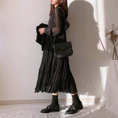 レディース ワンピース しわ加工 フレア ロング丈 レイヤード 重ね着風 フェミニン 韓国ファッション オルチャン (DCT-583465390564)